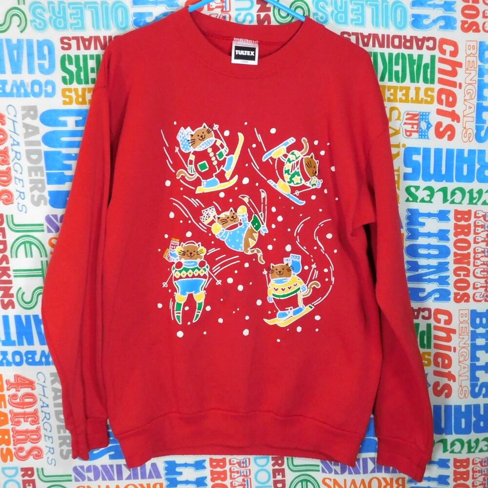 Vintage 90s Christmas Sweater Cats Skiing Print Size L Red Crewneck Pullover